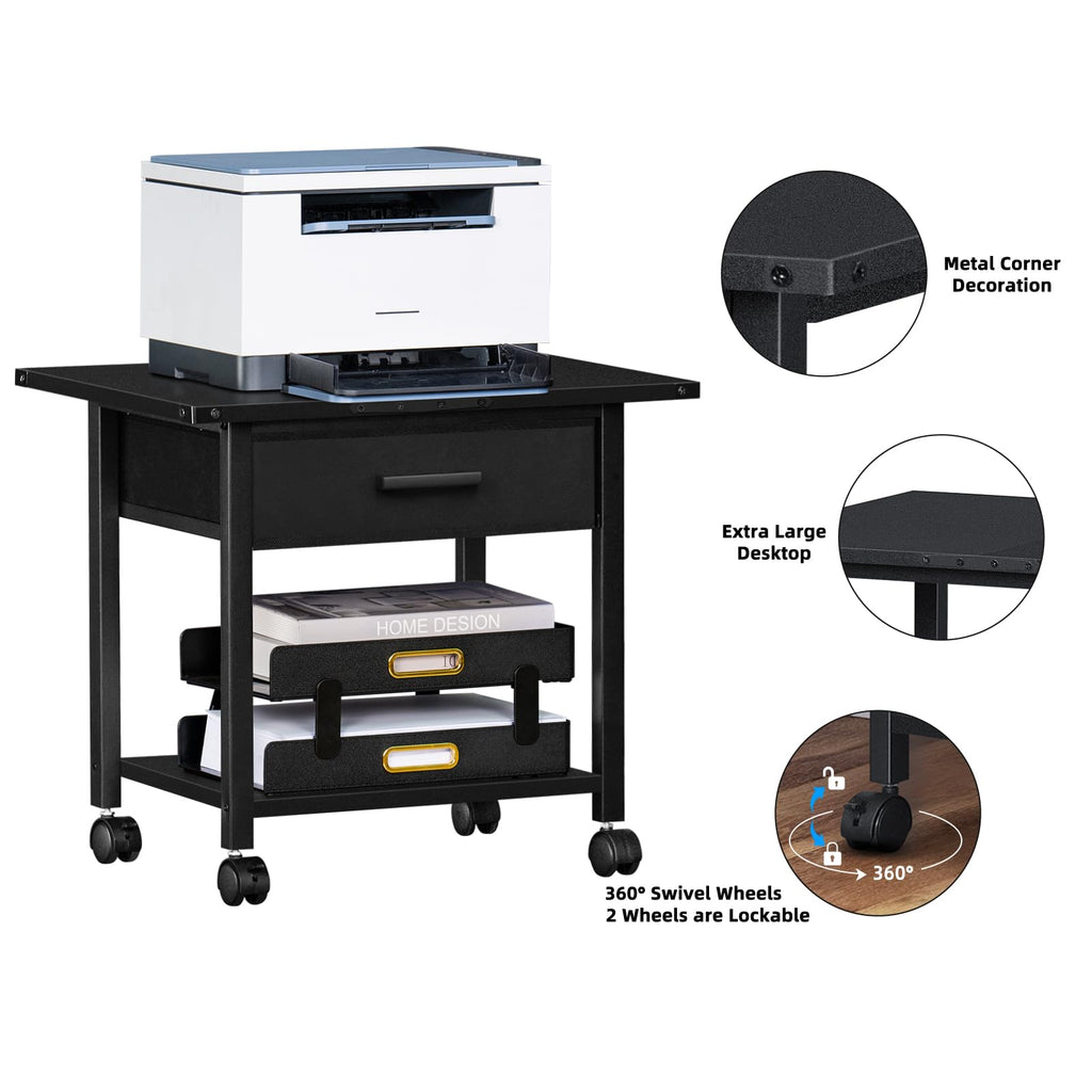 Lerliuo Under Desk Rolling Printer Stand with Drawer, 2-Tier Industrial Mobile Printer Table Desk with Storage Shelf and Steel Frame, Printer Cart Holder with Lockable Wheels for Home, Office (Brown)