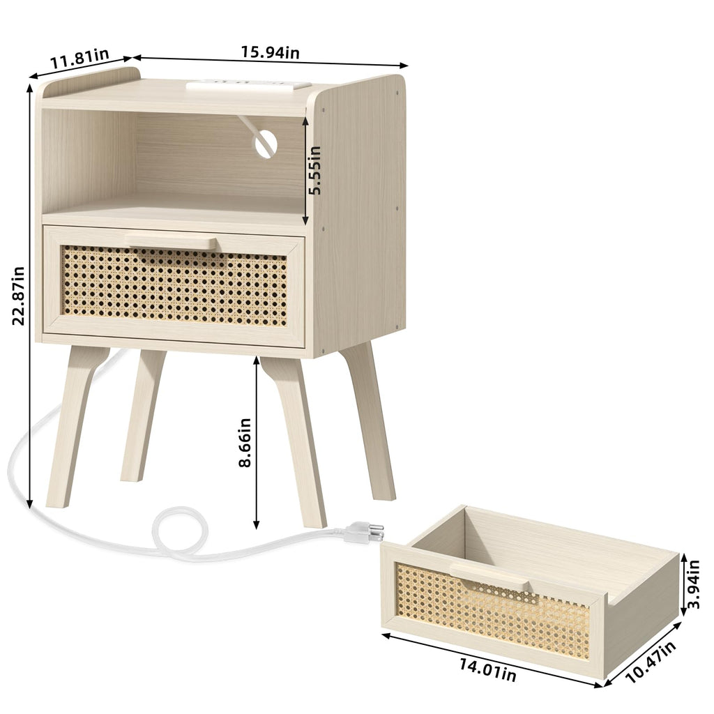 Lerliuo Rattan Nightstand with Charging Station, Boho Night Stand