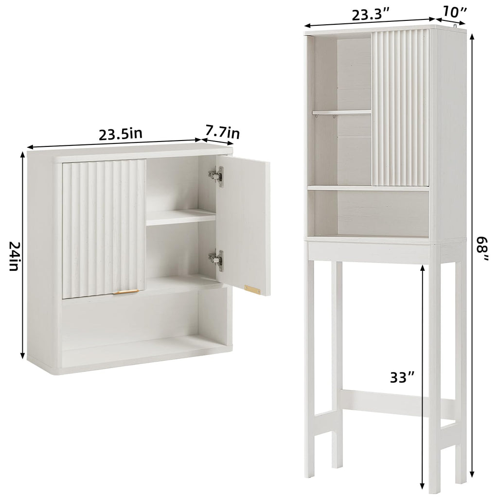 LEYAOYAO Fluted Over The Toilet Storage Cabinet & Bathroom Wall Cabinet Set of 2, Farmhouse Above Toilet Organizer, Medicine Cabinet w/Adjustable Shelf & Doors for Laundry Living Room Kitchen(Black)