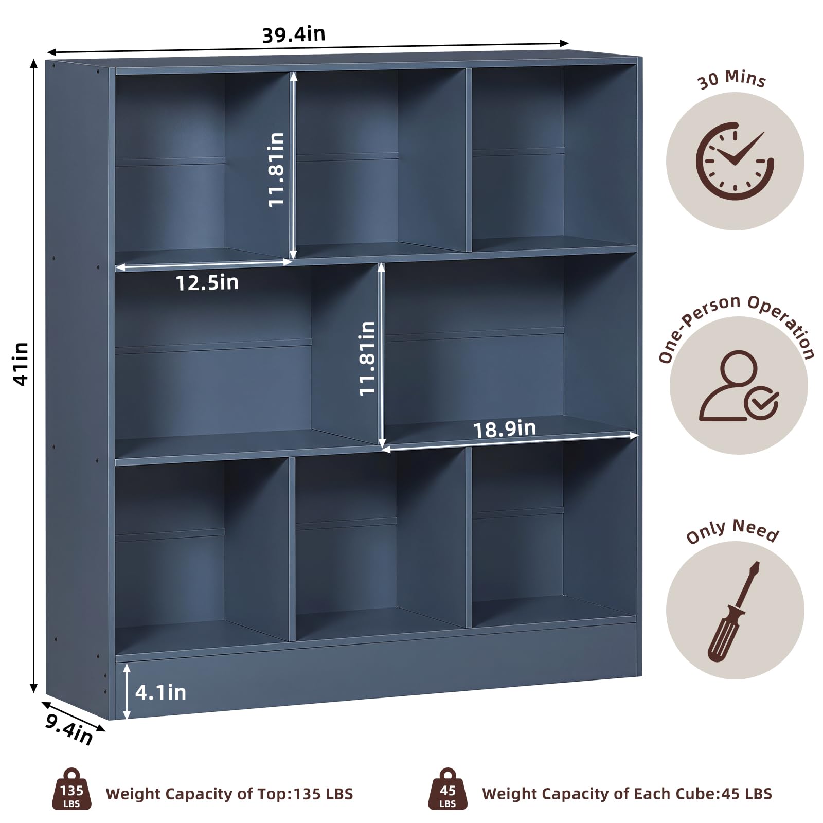 LEYAOYAO 7 Cube Bookshelf with Base,3 Tier Mid-Century Modern Blue Bookcase,Standing Wide Bookshelves Storage Organizer Shelf,Rustic Wood Display Cabinet Book Shelves for Bedroom,Living Room,Office