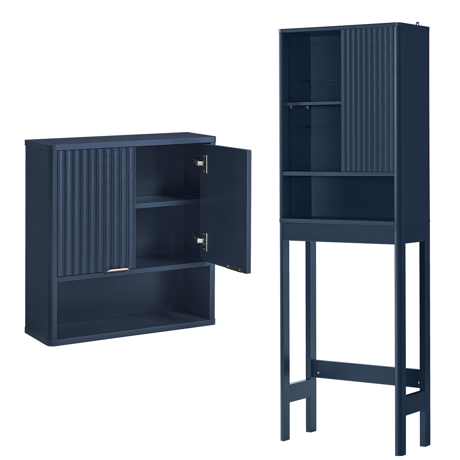 LEYAOYAO Fluted Over The Toilet Storage Cabinet & Bathroom Wall Cabinet Set of 2, Farmhouse Above Toilet Organizer, Medicine Cabinet w/Adjustable Shelf & Doors for Laundry Living Room Kitchen(Black)