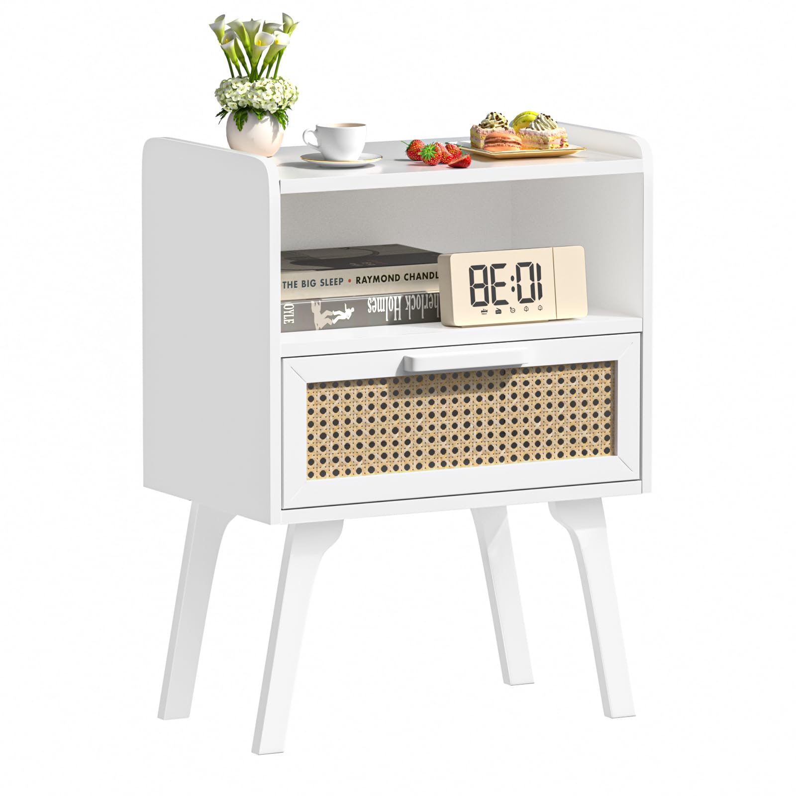 Lerliuo Rattan Nightstand, Boho Side Table with Drawer Open Shelf