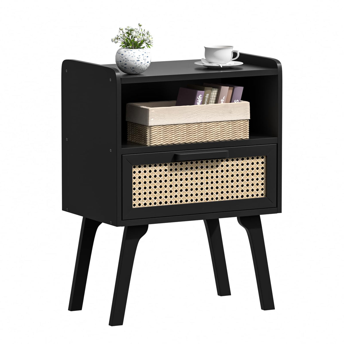 Lerliuo Rattan Nightstand, Boho Side Table with Drawer Open Shelf