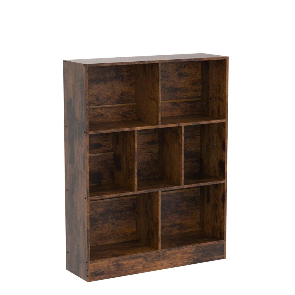LEYAOYAO 7 Cube Bookshelf with Base,3 Tier Mid-Century Modern Blue Bookcase,Standing Wide Bookshelves Storage Organizer Shelf,Rustic Wood Display Cabinet Book Shelves for Bedroom,Living Room,Office