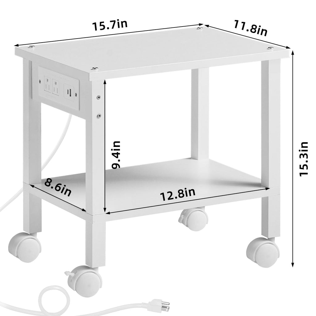 Lerliuo Under Desk Printer Stand with Charging Station, 2 Tier Wooden Small Printer Table with Storage, Rolling Printer Cart Shelf with Lockable Wheels for Home, Office (Brown)