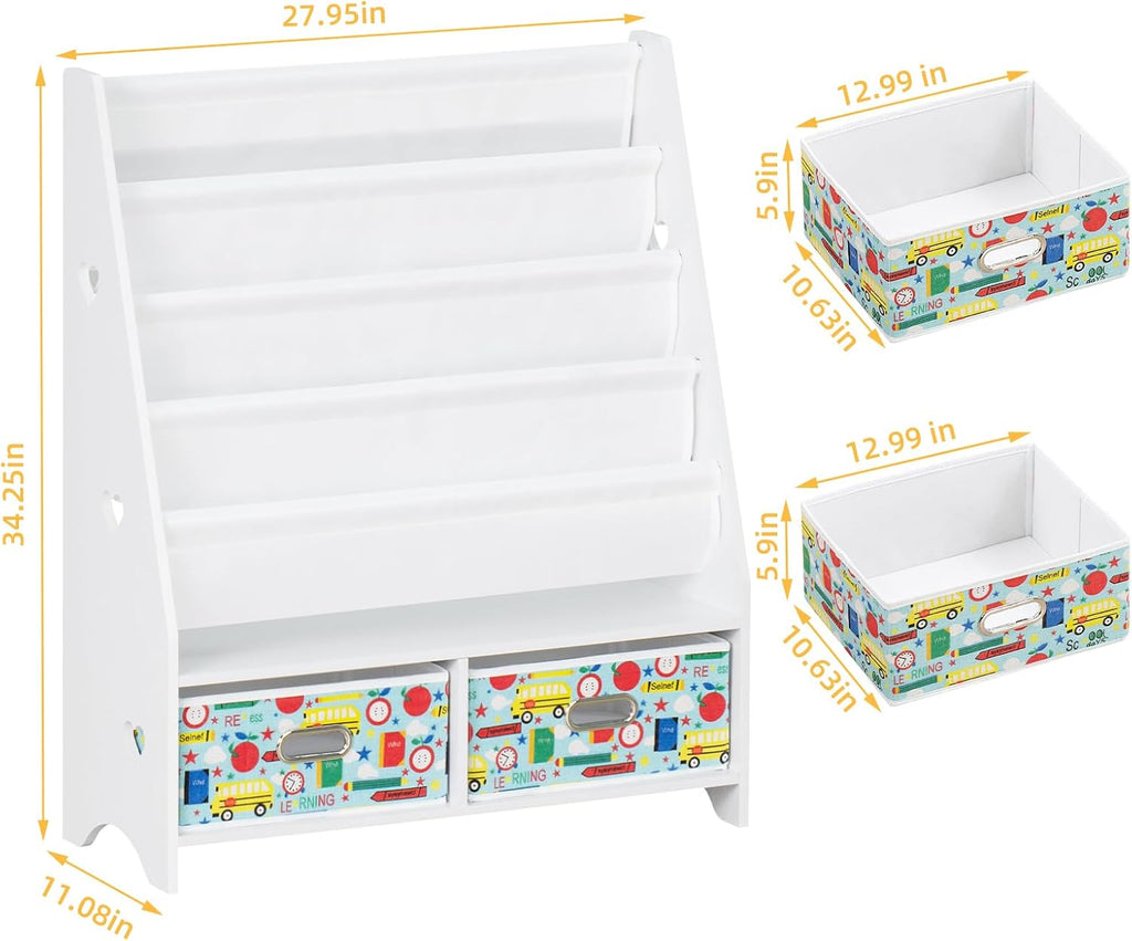 Lerliuo 5 Tier Kids Bookshelf, White Children Sling Book Shelf with 2 Drawers, Baby Toddler Wooden Bookcase and Book Rack, Display Shelves Storage Organizer for Classroom, Playroom, Bedroom, Nursery