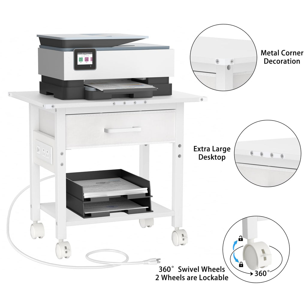 Lerliuo Under Desk Rolling Printer Stand with Drawer, 2-Tier Industrial Mobile Printer Table Desk with Storage Shelf and Steel Frame, Printer Cart Holder with Lockable Wheels for Home, Office (Brown)
