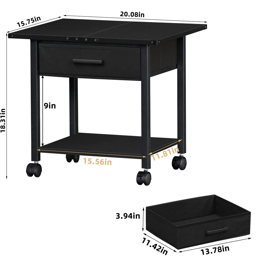 Lerliuo Under Desk Rolling Printer Stand with Drawer, 2-Tier Industrial Mobile Printer Table Desk with Storage Shelf and Steel Frame, Printer Cart Holder with Lockable Wheels for Home, Office (Brown)