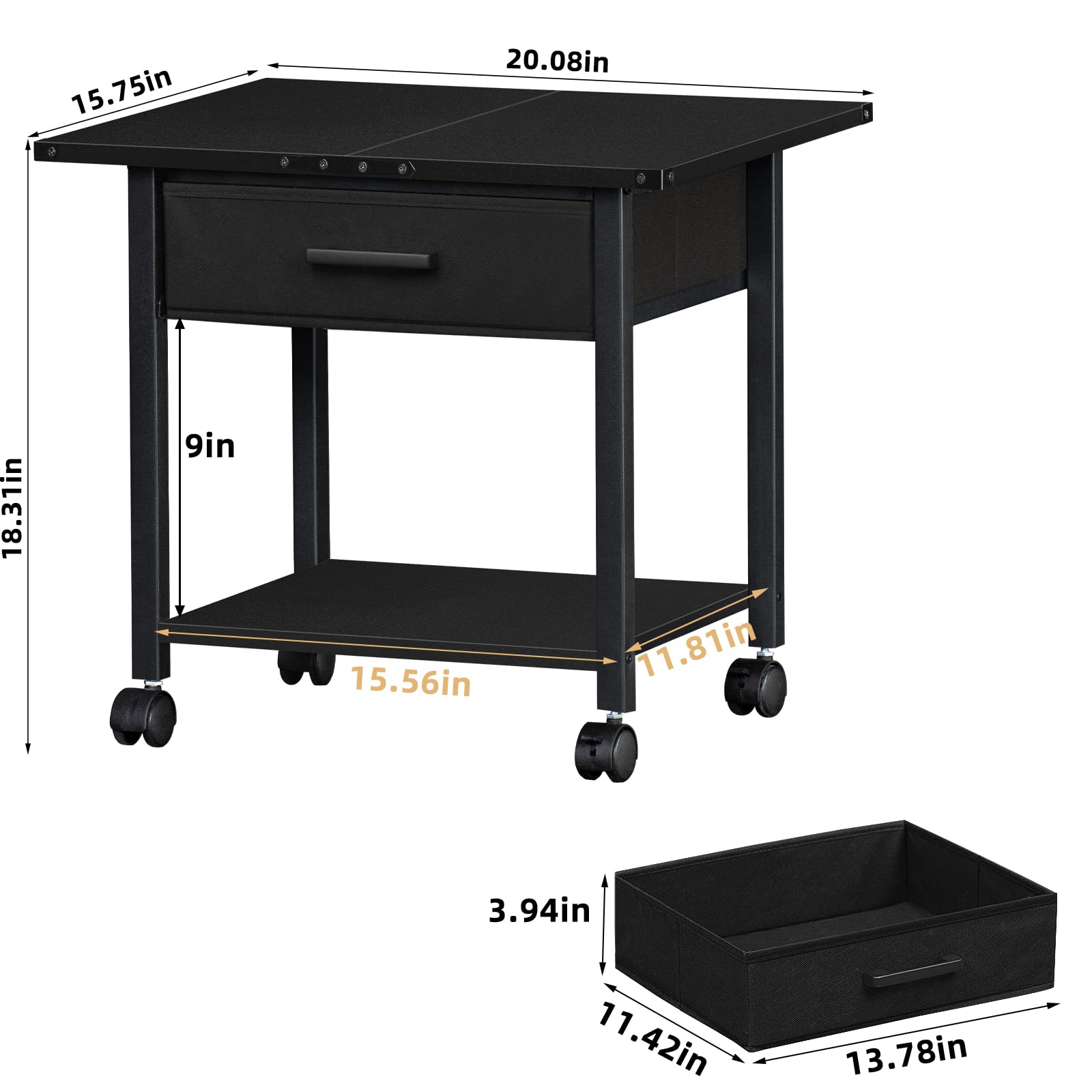 Lerliuo Under Desk Rolling Printer Stand with Drawer, 2-Tier Industrial Mobile Printer Table Desk with Storage Shelf and Steel Frame, Printer Cart Holder with Lockable Wheels for Home, Office (Brown)
