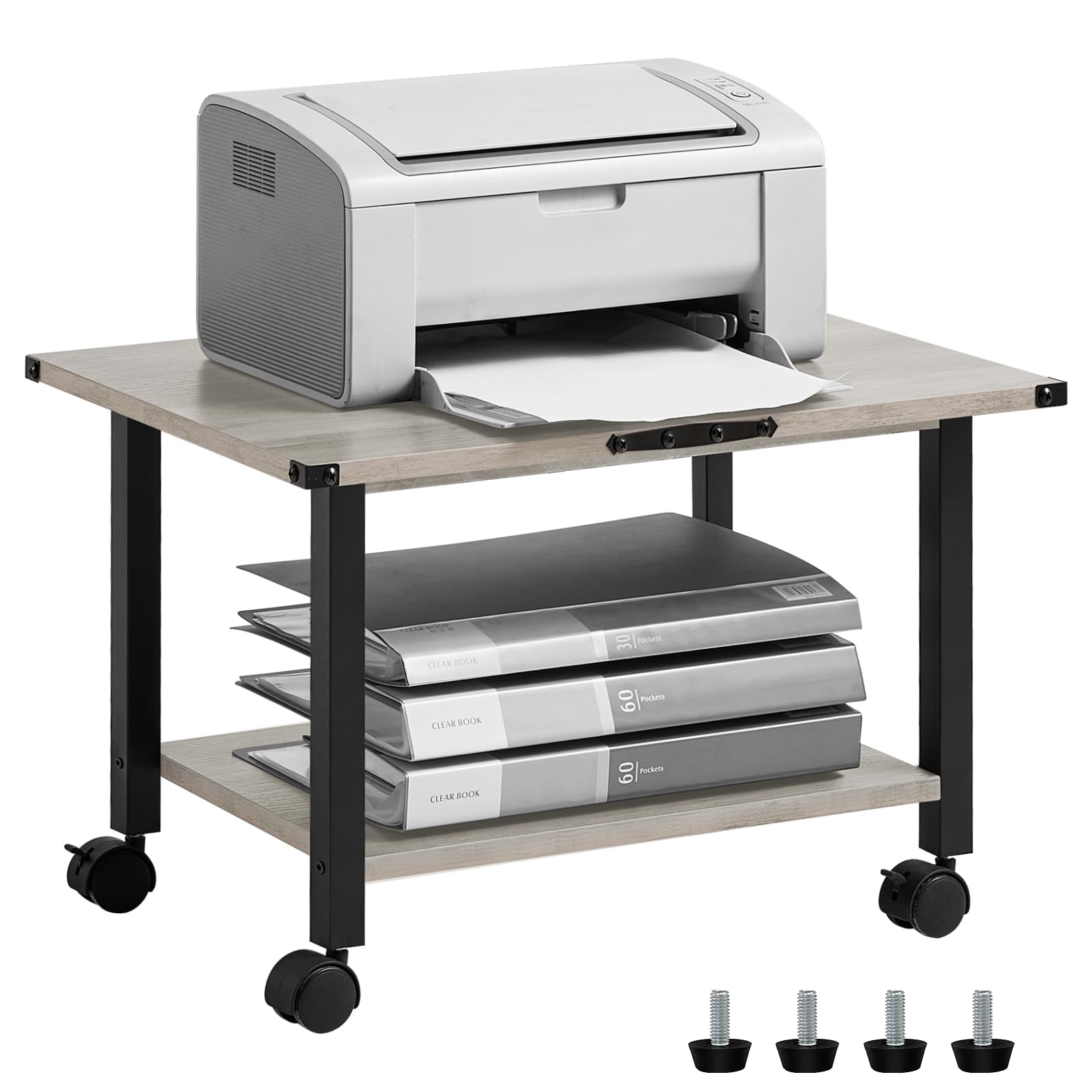 Lerliuo 3-Tier Printer Stand, Industrial Mobile Printer Table with Storage Shelf and Steel Frame, Rolling Printer Cart Holder with Lockable Wheels for Home, Office (White)