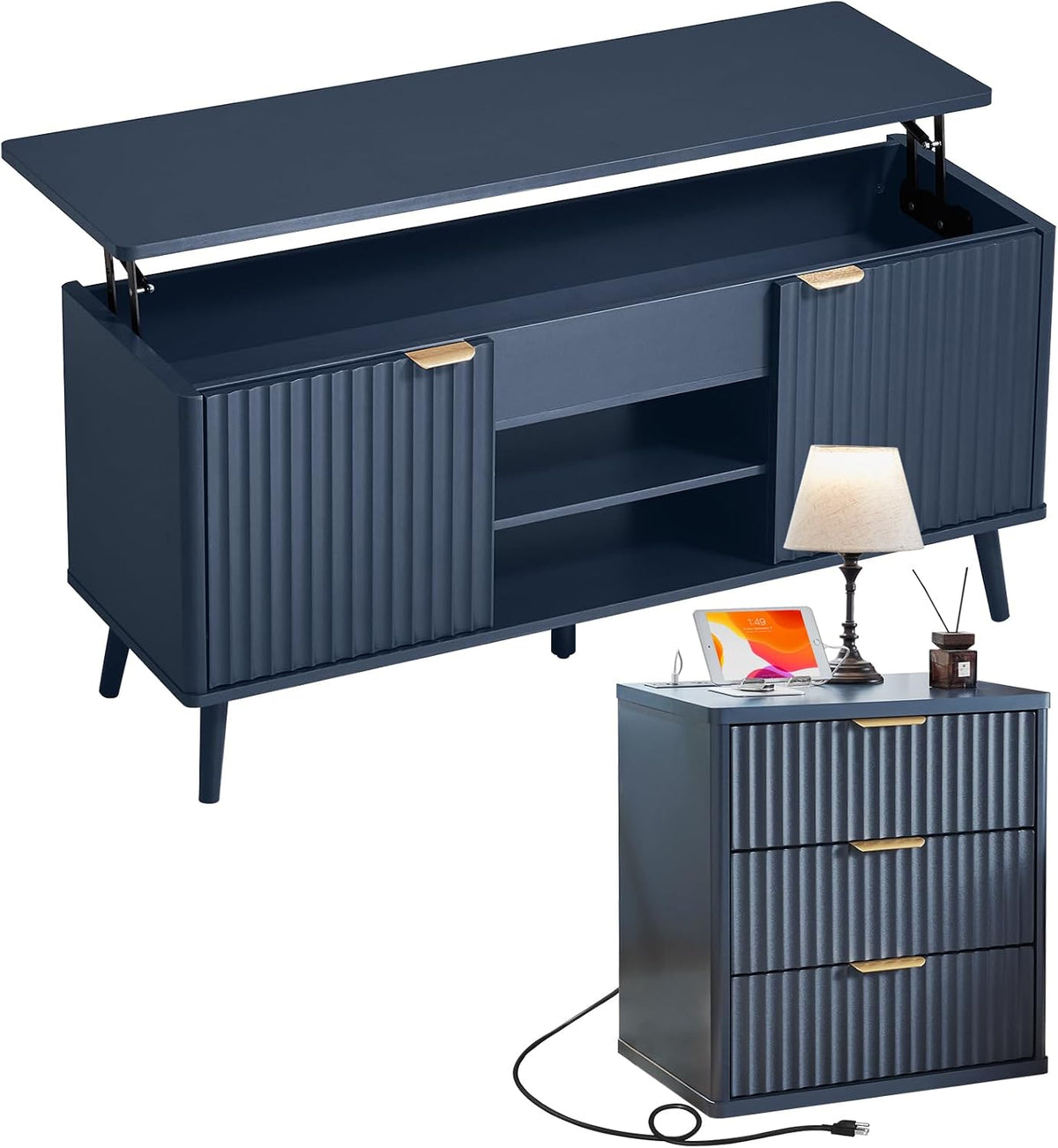 LEYAOYAO Fluted Lift Top Coffee Table and Nightstand Set,Wood 48" Wide Center Tables & 23" Night Stand with 3 Drawers,Farmhouse Living Room Suites for Bedroom Home Living Room Hallway,Blue