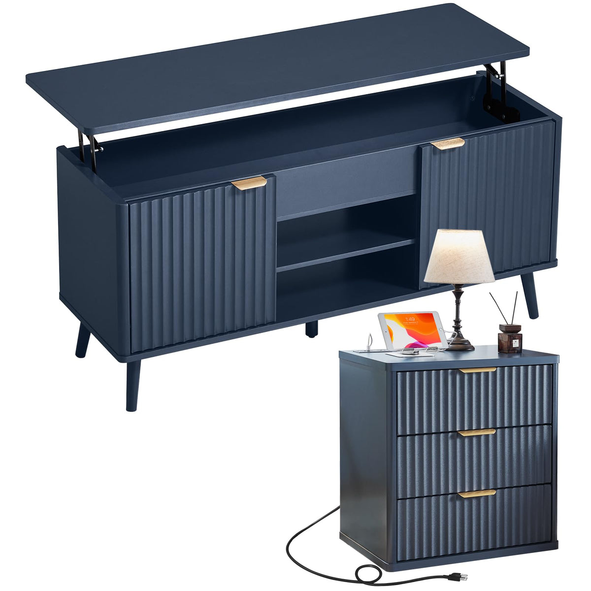 LEYAOYAO Fluted Lift Top Coffee Table and Nightstand Set,Wood 48" Wide Center Tables & 23" Night Stand with 3 Drawers,Farmhouse Living Room Suites for Bedroom Home Living Room Hallway,Blue