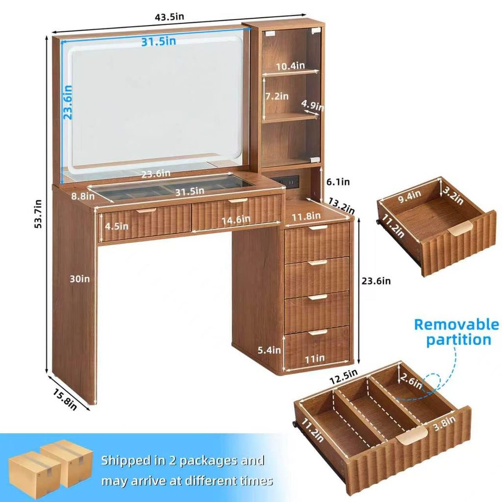 LEYAOYAO Fluted Makeup Vanity Desk with Mirror and Lights, 43.5''