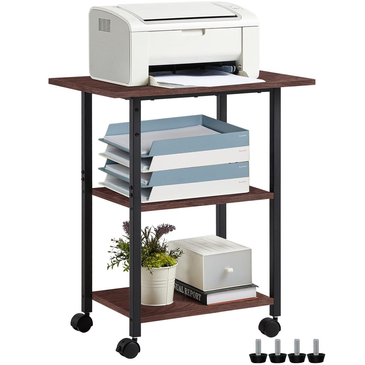 Lerliuo 3-Tier Printer Stand, Industrial Mobile Printer Table with Storage Shelf and Steel Frame, Rolling Printer Cart Holder with Lockable Wheels for Home, Office (White)