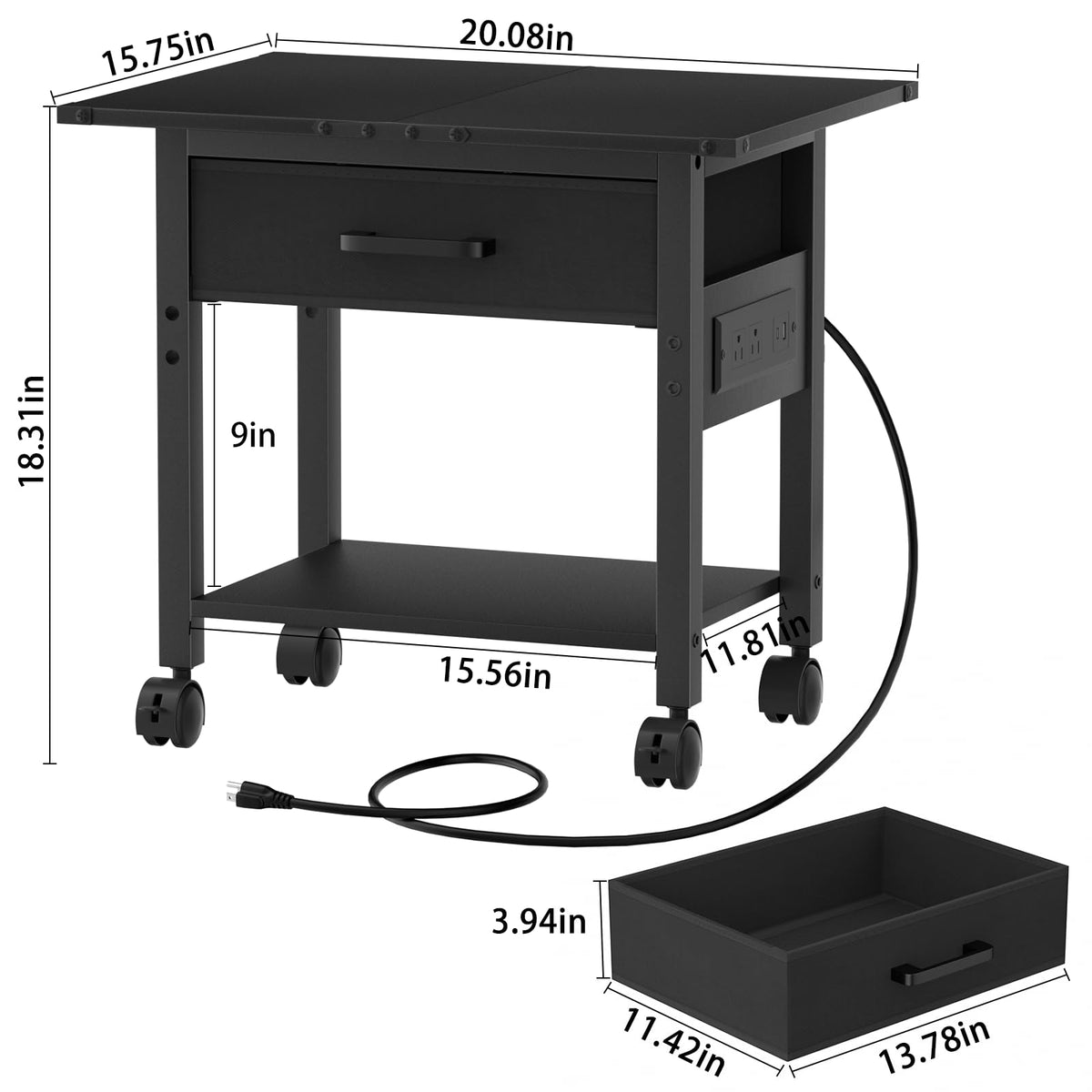 Lerliuo Under Desk Rolling Printer Stand with Drawer, 2-Tier Industrial Mobile Printer Table Desk with Storage Shelf and Steel Frame, Printer Cart Holder with Lockable Wheels for Home, Office (Brown)