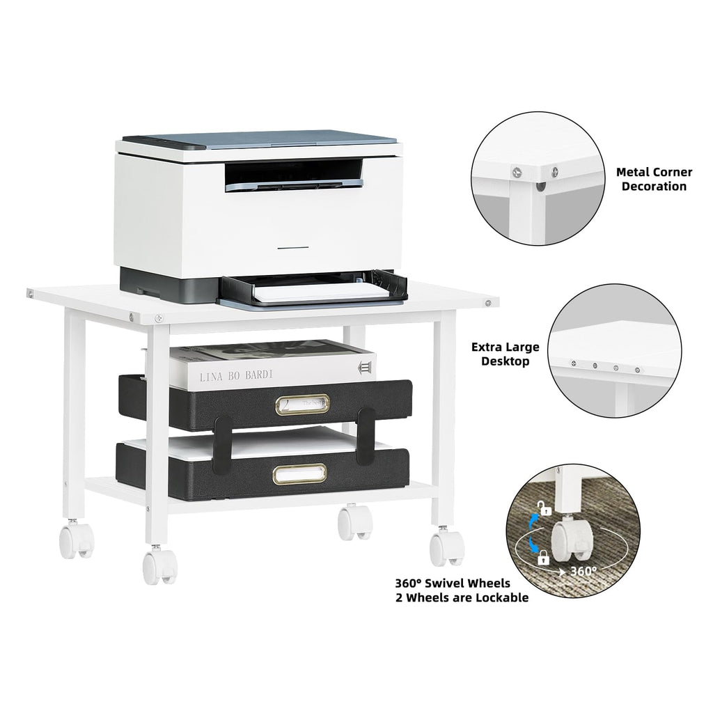 Lerliuo 3-Tier Printer Stand, Industrial Mobile Printer Table with Storage Shelf and Steel Frame, Rolling Printer Cart Holder with Lockable Wheels for Home, Office (White)