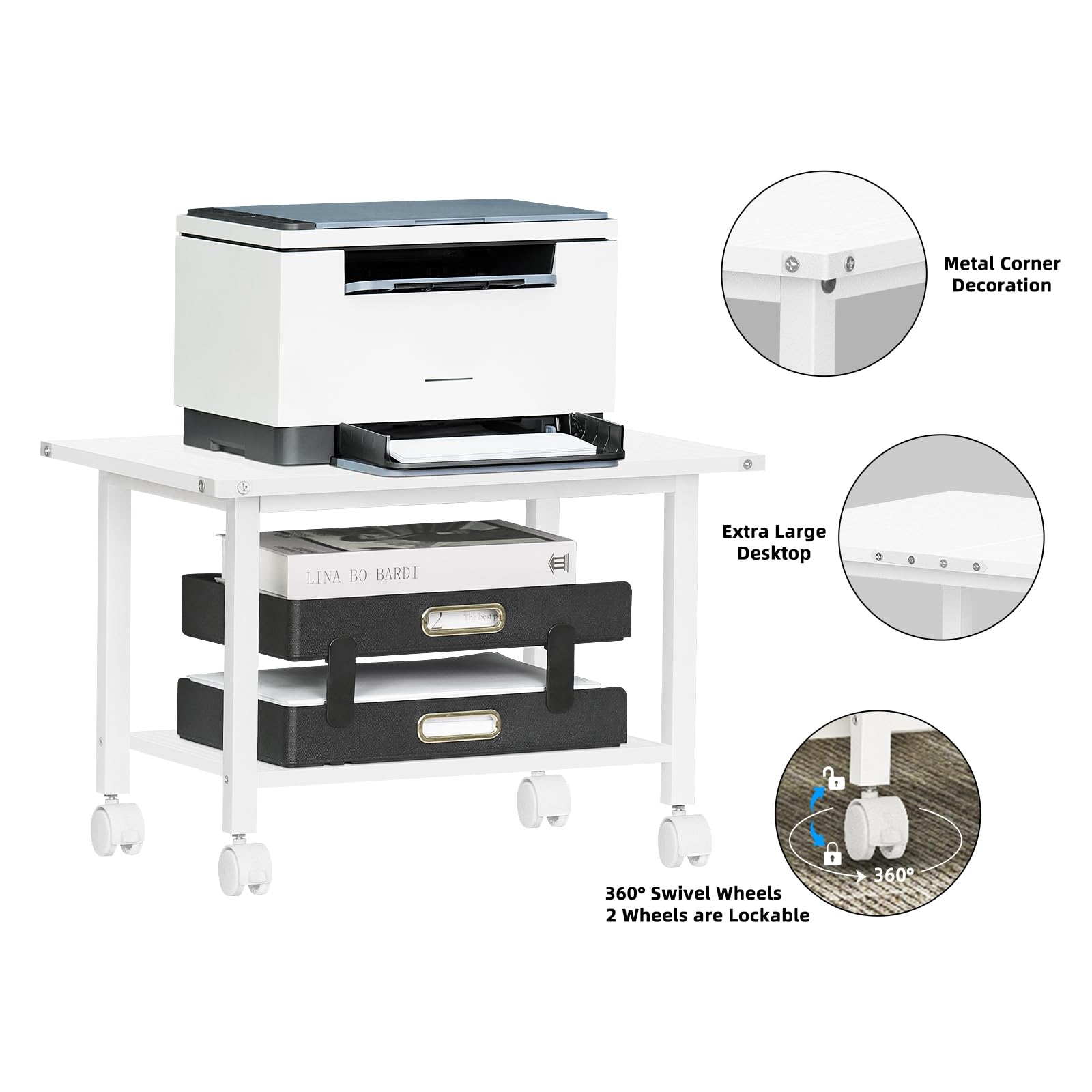Lerliuo 3-Tier Printer Stand, Industrial Mobile Printer Table with Storage Shelf and Steel Frame, Rolling Printer Cart Holder with Lockable Wheels for Home, Office (White)
