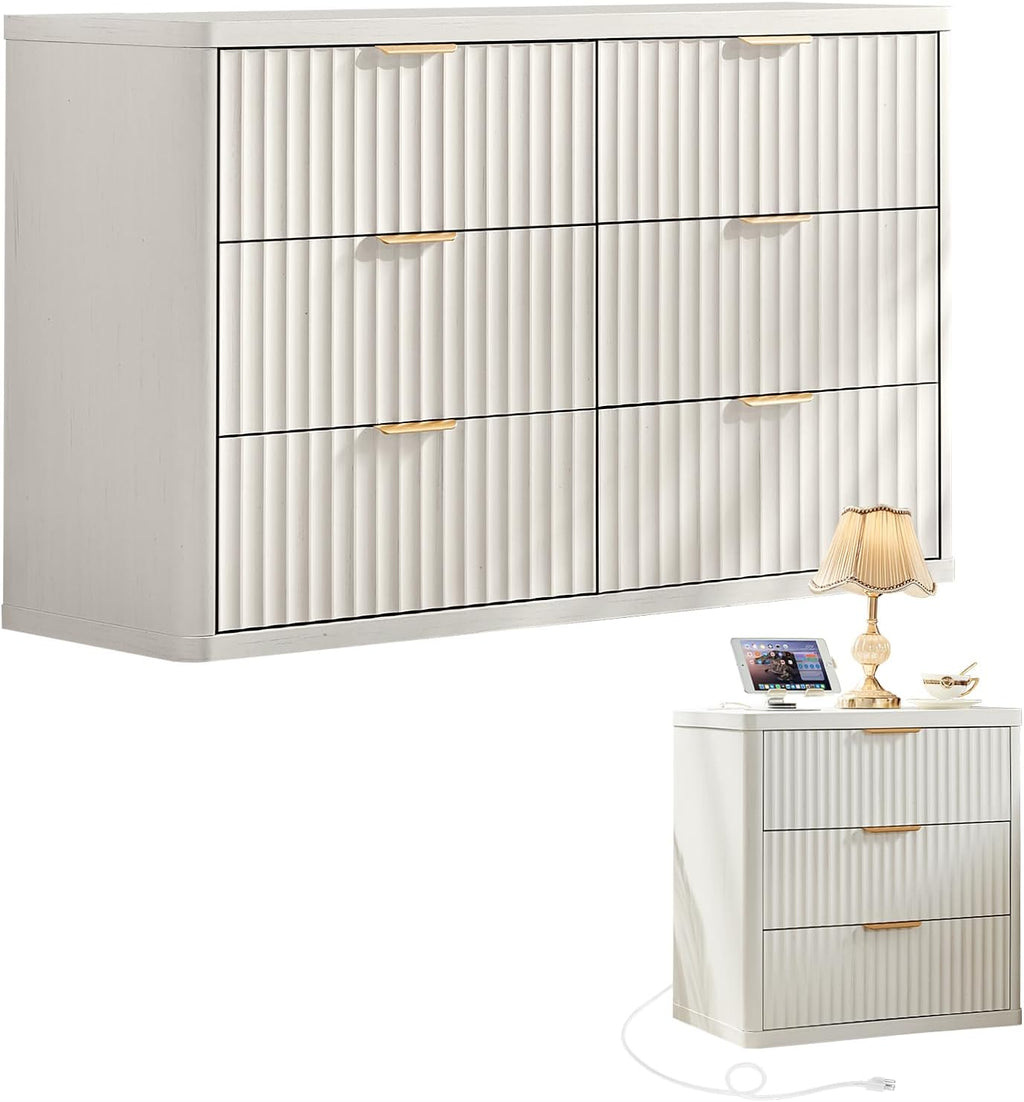 LEYAOYAO Fluted Dresser and Nightstand Sets, Wood 48" Wide Dresser & 23" Night Stand with Charging Station, 2 Piece Bedroom Furniture Set, Chest of Drawers for Bedroom,Living Room, Antique White