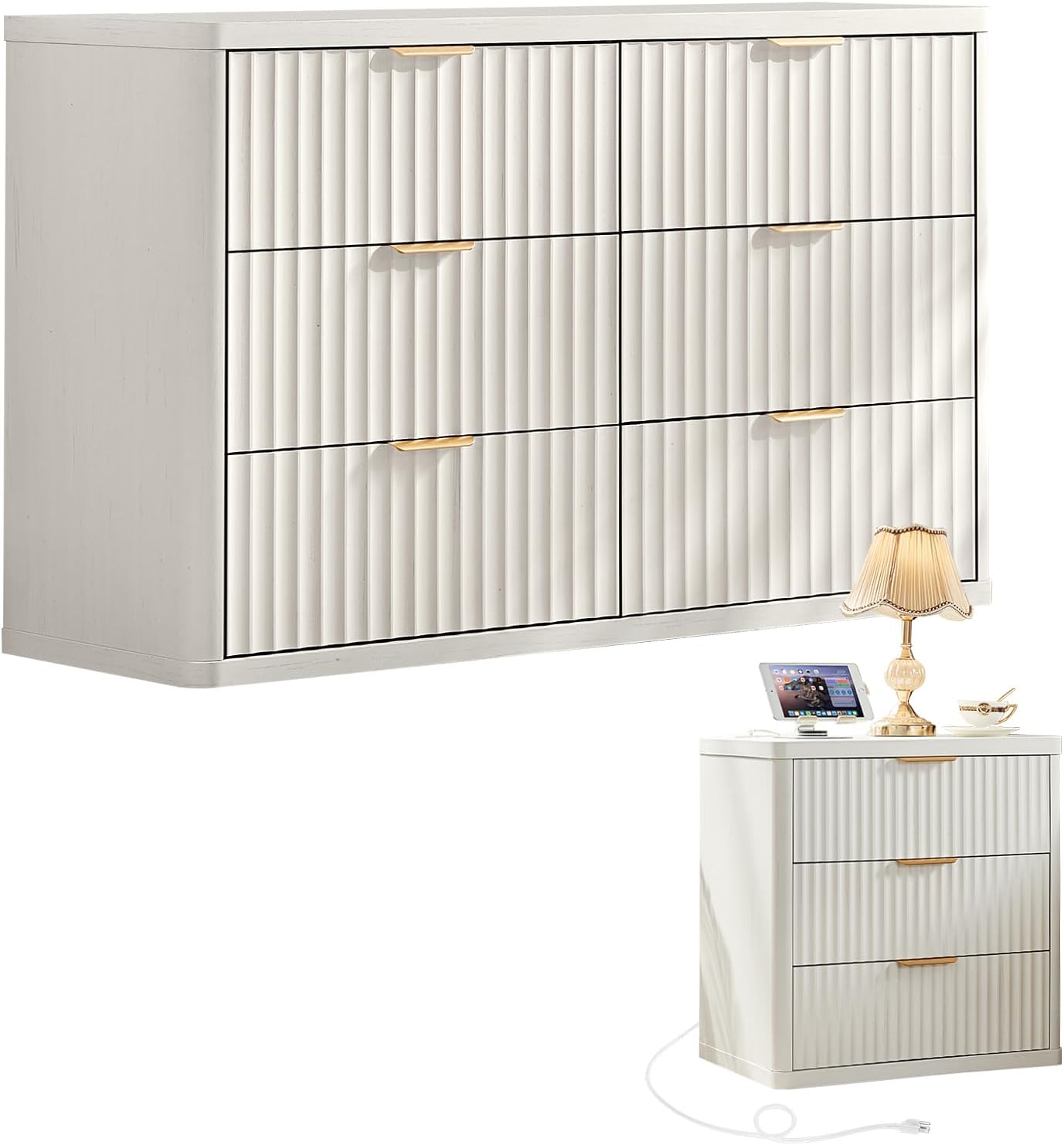 LEYAOYAO Fluted Dresser and Nightstand Sets, Wood 48" Wide Dresser & 23" Night Stand with Charging Station, 2 Piece Bedroom Furniture Set, Chest of Drawers for Bedroom,Living Room, Antique White