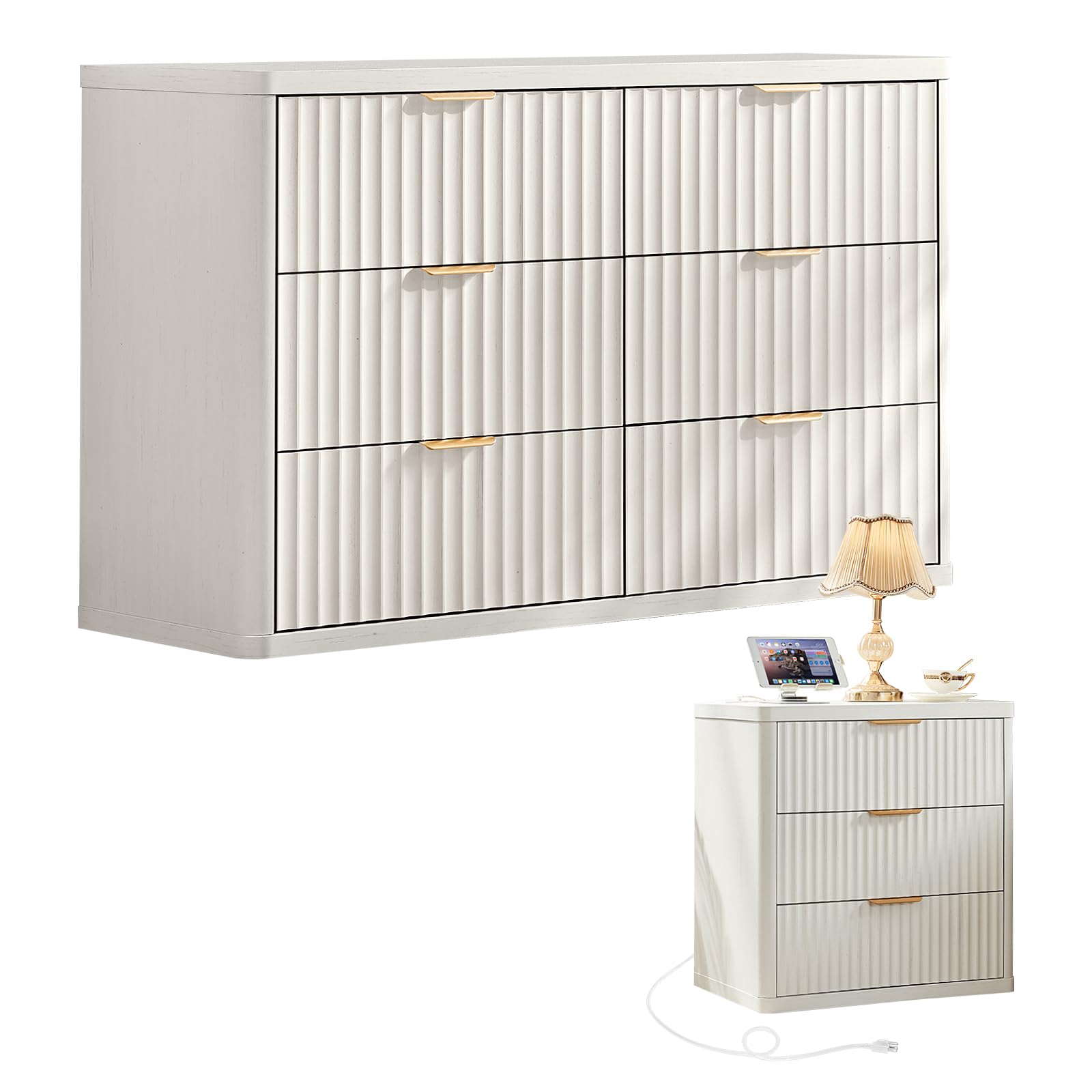 LEYAOYAO Fluted Dresser and Nightstand Sets, Wood 48" Wide Dresser & 23" Night Stand with Charging Station, 2 Piece Bedroom Furniture Set, Chest of Drawers for Bedroom,Living Room, Antique White