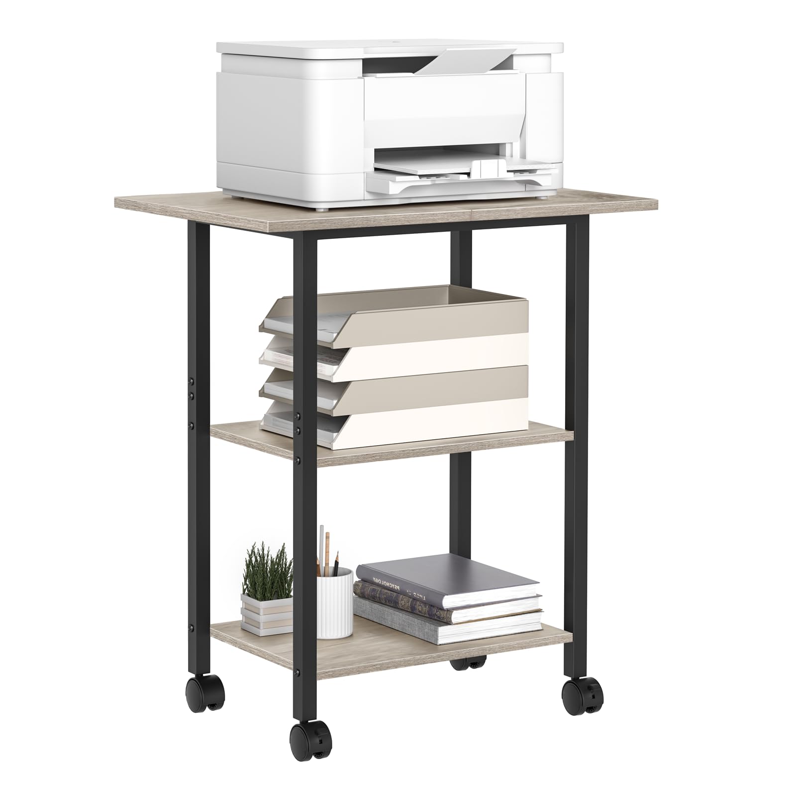 Lerliuo 3-Tier Printer Stand, Industrial Mobile Printer Table with Storage Shelf and Steel Frame, Rolling Printer Cart Holder with Lockable Wheels for Home, Office (White)