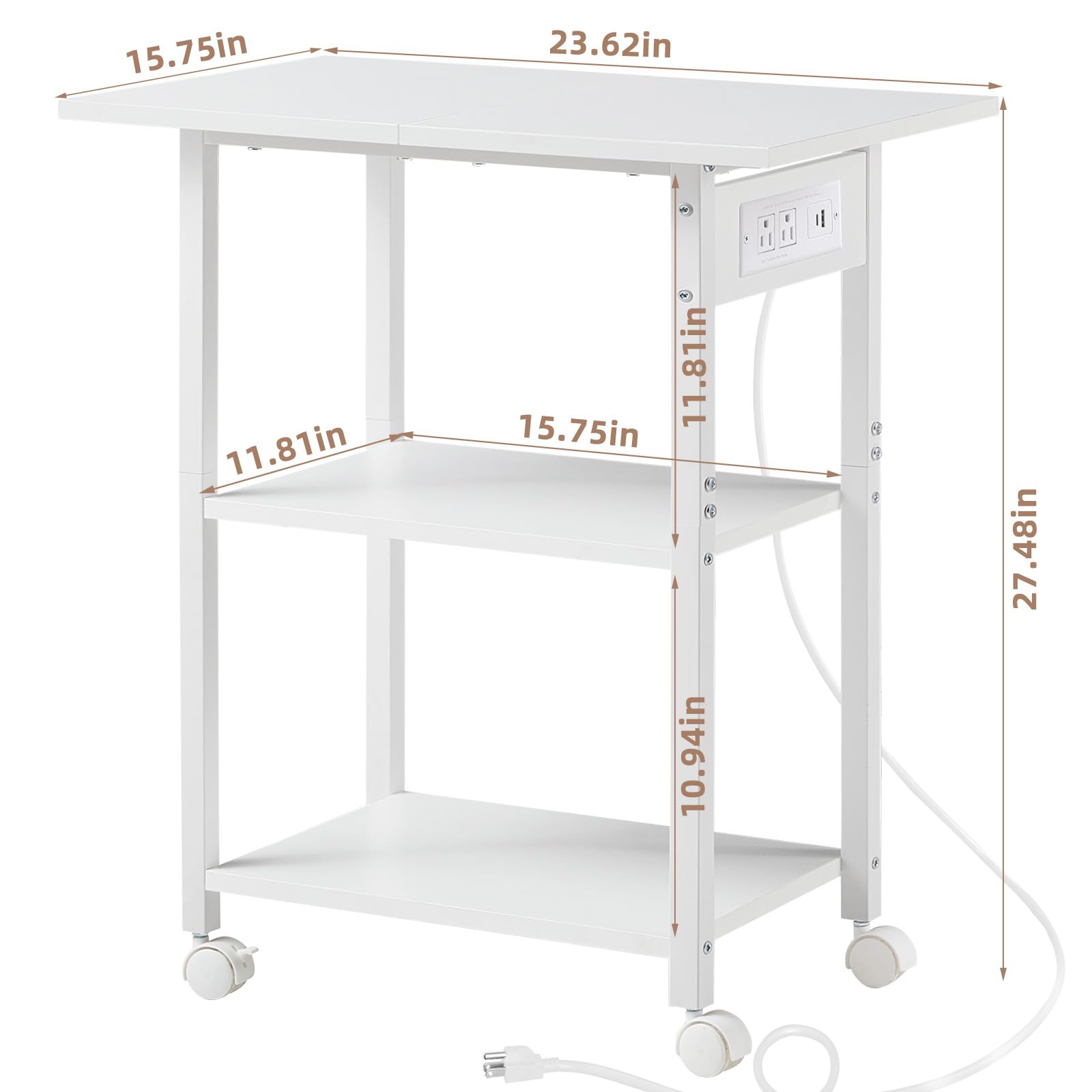 Lerliuo 3-Tier Printer Stand, Industrial Mobile Printer Table with Storage Shelf and Steel Frame, Rolling Printer Cart Holder with Lockable Wheels for Home, Office (White)