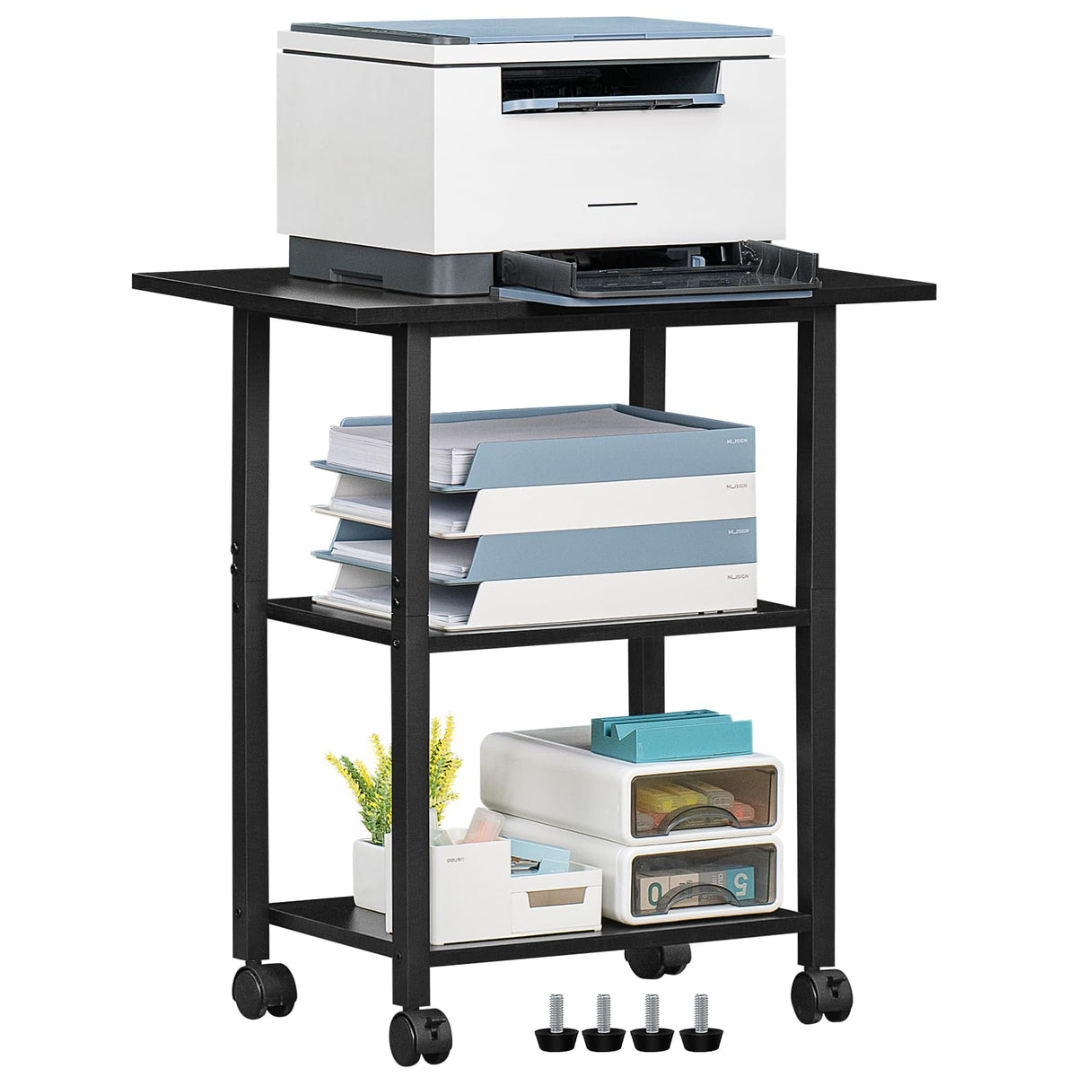 Lerliuo 3-Tier Printer Stand, Industrial Mobile Printer Table with Storage Shelf and Steel Frame, Rolling Printer Cart Holder with Lockable Wheels for Home, Office (White)