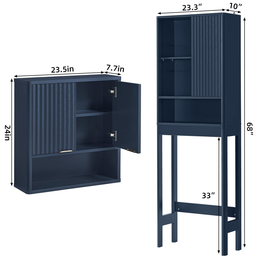 LEYAOYAO Fluted Over The Toilet Storage Cabinet & Bathroom Wall Cabinet Set of 2, Farmhouse Above Toilet Organizer, Medicine Cabinet w/Adjustable Shelf & Doors for Laundry Living Room Kitchen(Black)
