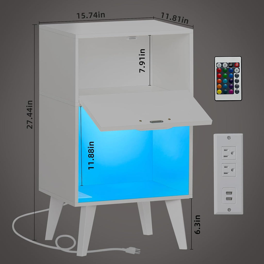Lerliuo Nightstand with Charging Station and Led Lights,Modern Beside Table with Drawer and Open Storage Shelf,Night Stand with USB Ports and Outlets,White Wood Side Table for Bedroom