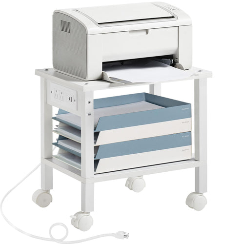 Lerliuo Under Desk Printer Stand with Charging Station, 2 Tier Wooden Small Printer Table with Storage, Rolling Printer Cart Shelf with Lockable Wheels for Home, Office (Brown)
