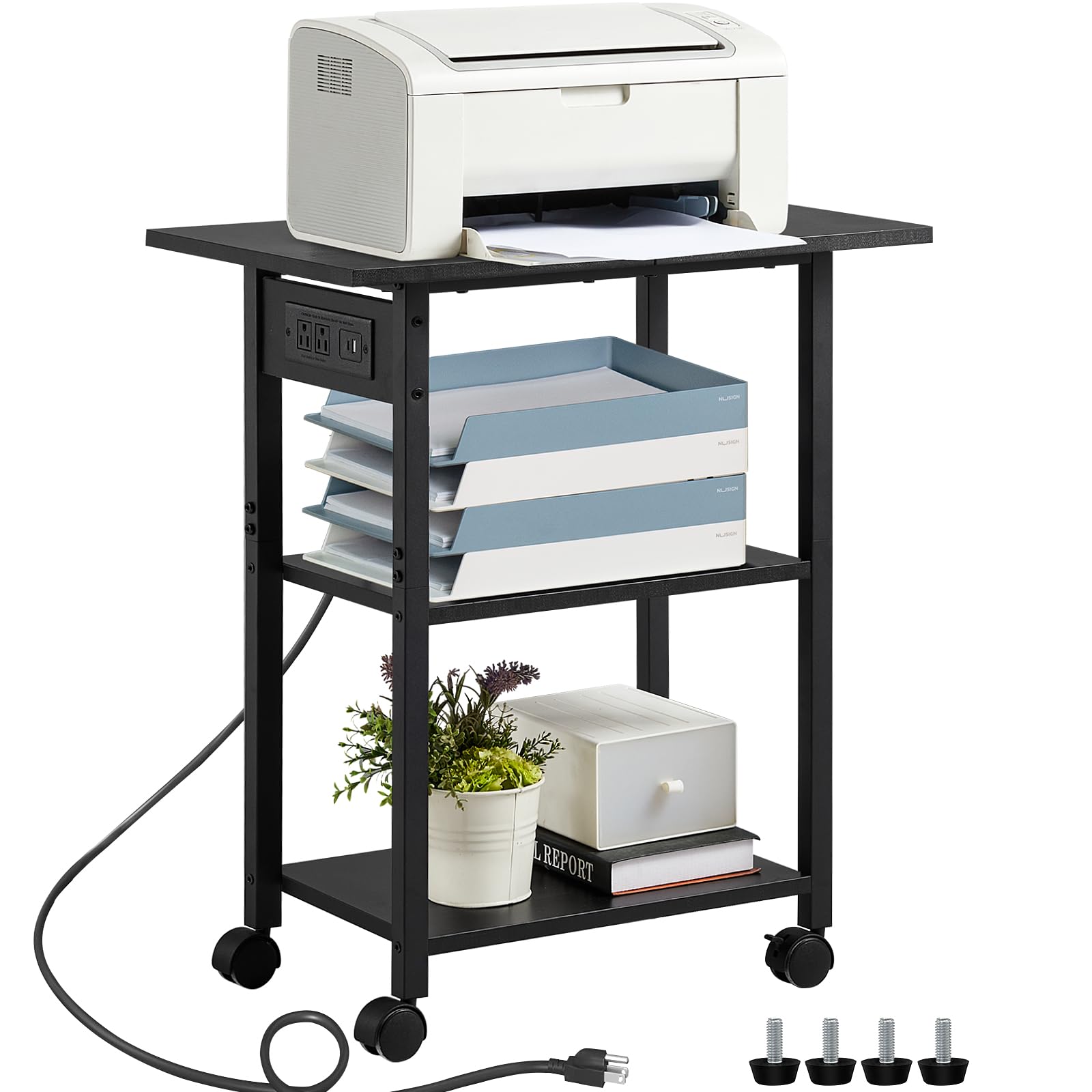 Lerliuo 3-Tier Printer Stand, Industrial Mobile Printer Table with Storage Shelf and Steel Frame, Rolling Printer Cart Holder with Lockable Wheels for Home, Office (White)