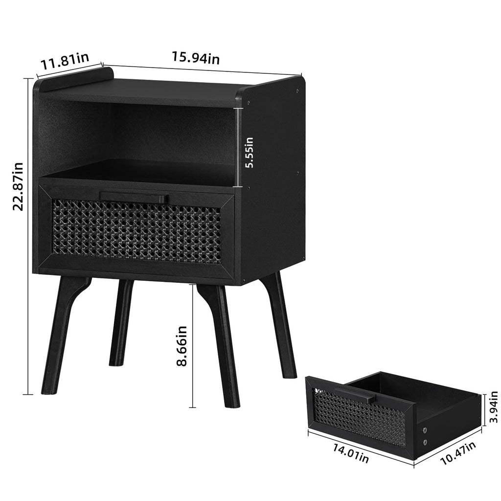 Lerliuo Rattan Nightstand, Boho Side Table with Drawer Open Shelf