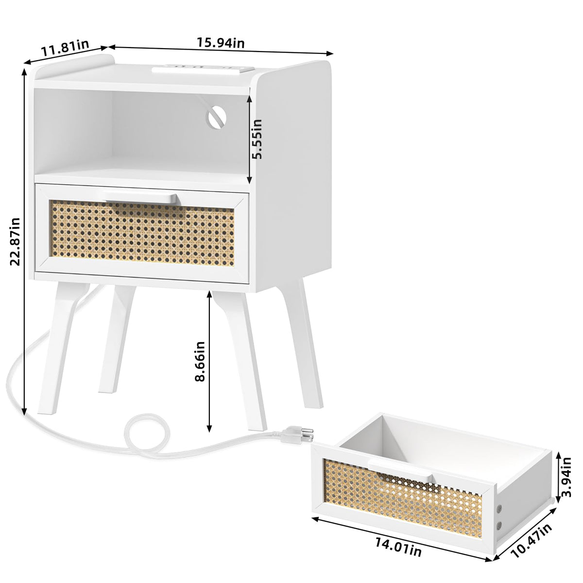 Lerliuo Rattan Nightstand with Charging Station, Boho Night Stand