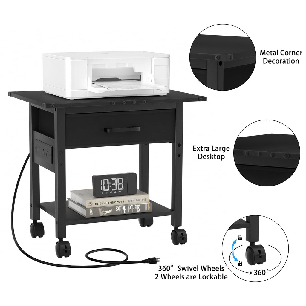Lerliuo Under Desk Rolling Printer Stand with Drawer, 2-Tier Industrial Mobile Printer Table Desk with Storage Shelf and Steel Frame, Printer Cart Holder with Lockable Wheels for Home, Office (Brown)