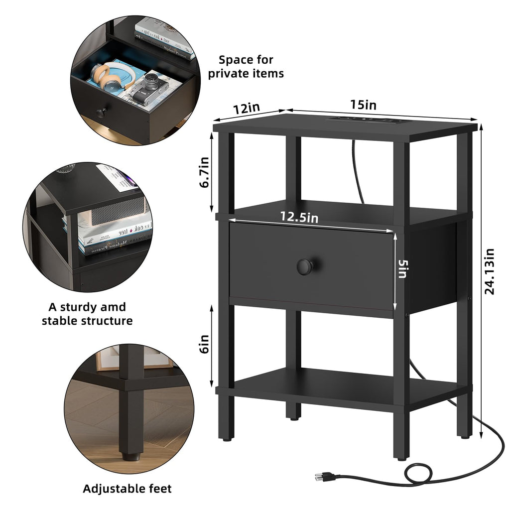 Lerliuo Nightstand with Charging Station and USB Ports, 3-Tier Storage End Table with Drawer Shelf, Night Stand for Small Spaces, Wood Bedside Table for Living Room, Bedroom - Retro Brown…