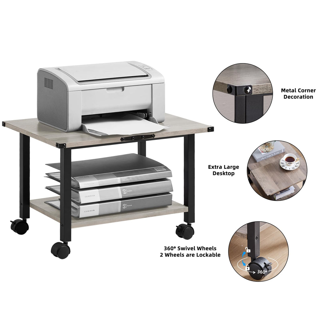 Lerliuo 3-Tier Printer Stand, Industrial Mobile Printer Table with Storage Shelf and Steel Frame, Rolling Printer Cart Holder with Lockable Wheels for Home, Office (White)
