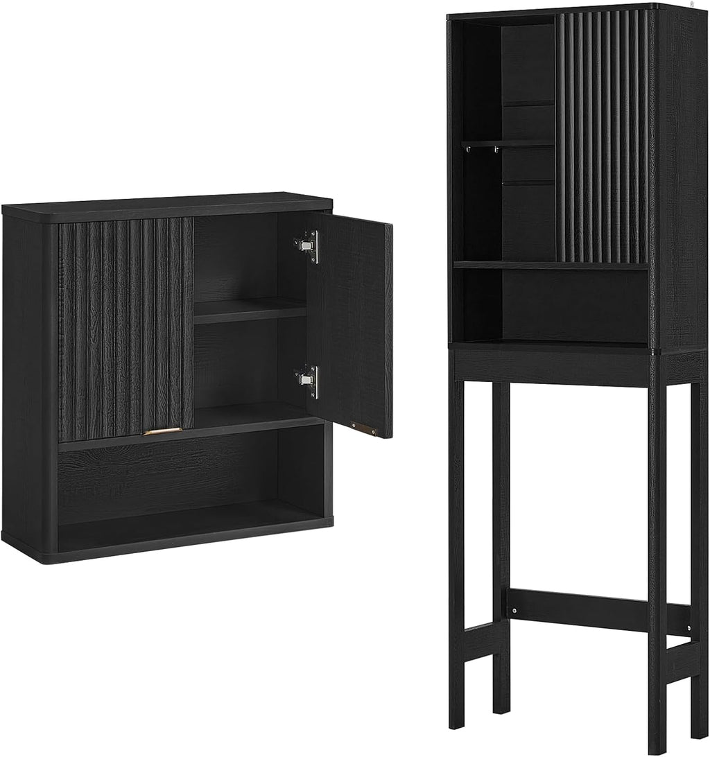LEYAOYAO Fluted Over The Toilet Storage Cabinet & Bathroom Wall Cabinet Set of 2, Farmhouse Above Toilet Organizer, Medicine Cabinet w/Adjustable Shelf & Doors for Laundry Living Room Kitchen(Black)
