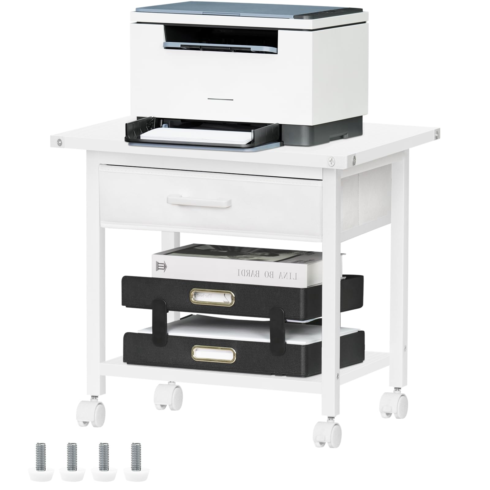 Lerliuo Under Desk Rolling Printer Stand with Drawer, 2-Tier Industrial Mobile Printer Table Desk with Storage Shelf and Steel Frame, Printer Cart Holder with Lockable Wheels for Home, Office (Brown)