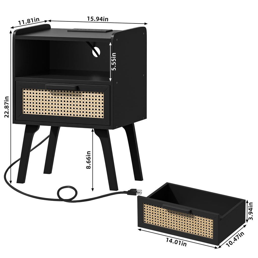 Lerliuo Rattan Nightstand with Charging Station, Boho Night Stand