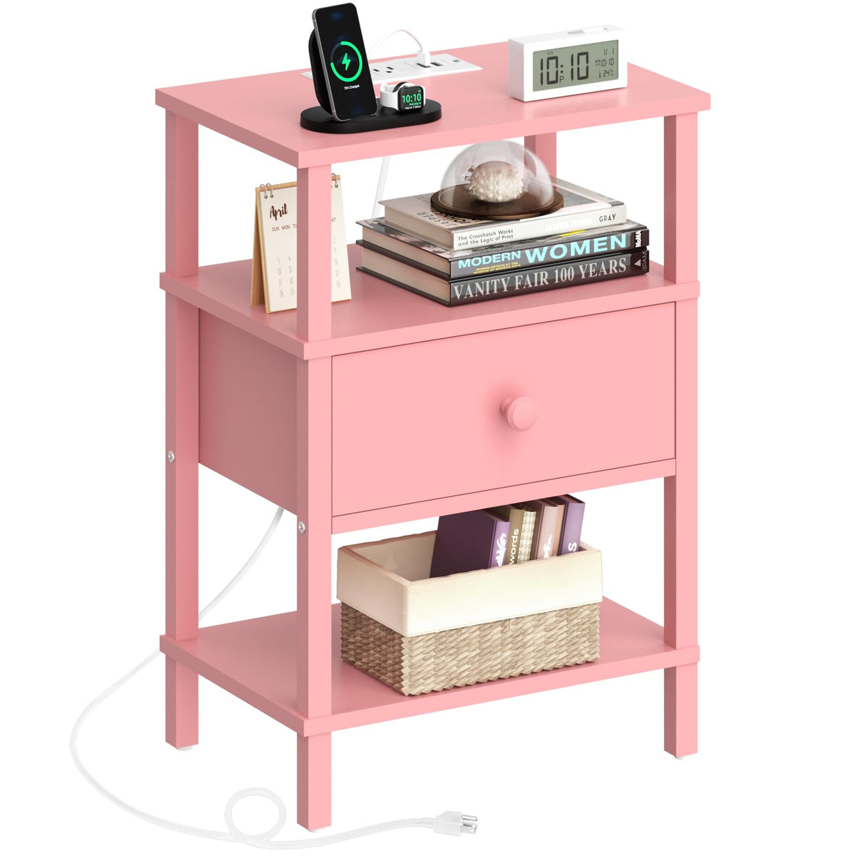 Lerliuo Nightstand with Charging Station and USB Ports, 3-Tier Storage End Table with Drawer Shelf, Night Stand for Small Spaces, Wood Bedside Table for Living Room, Bedroom - Retro Brown…