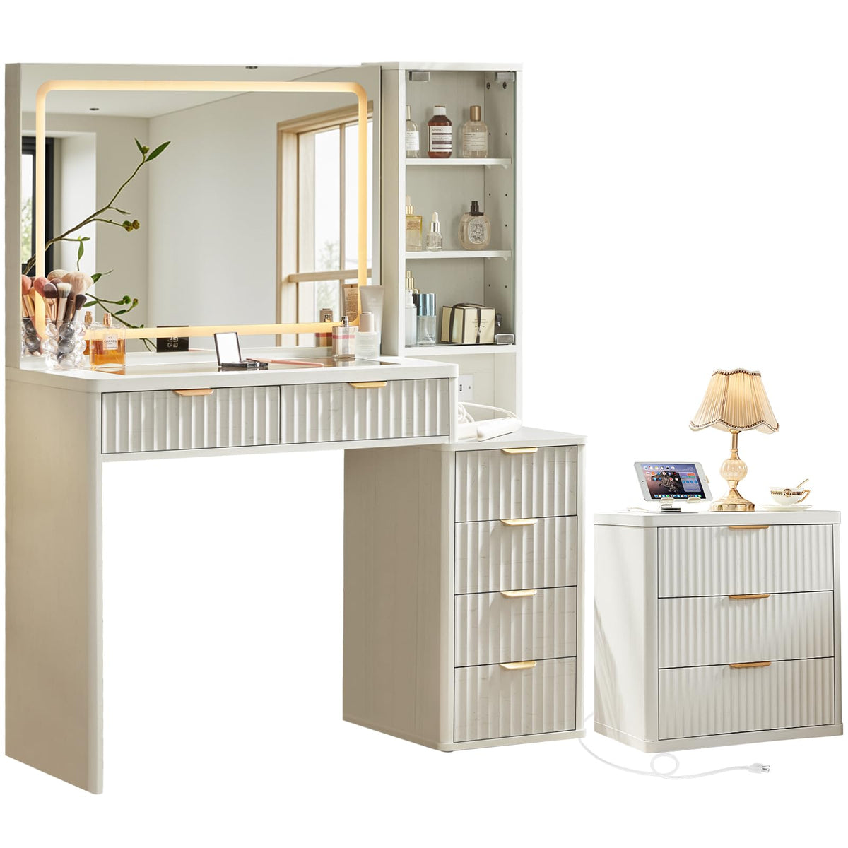 LEYAOYAO Vanity Mirror with Lights and Night Stand Sets, 43.5" Fluted Makeup Vanity with 6 Drawers and Power Outlet, 3 Drawers 23" End Side Table, Natural Wood Makeup Table Bedroom Furniture Set of 2