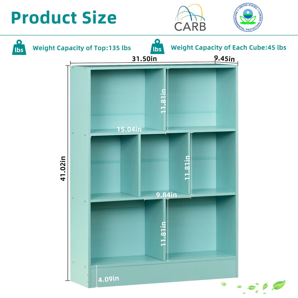 LEYAOYAO 7 Cube Bookshelf with Base,3 Tier Mid-Century Modern Blue Bookcase,Standing Wide Bookshelves Storage Organizer Shelf,Rustic Wood Display Cabinet Book Shelves for Bedroom,Living Room,Office