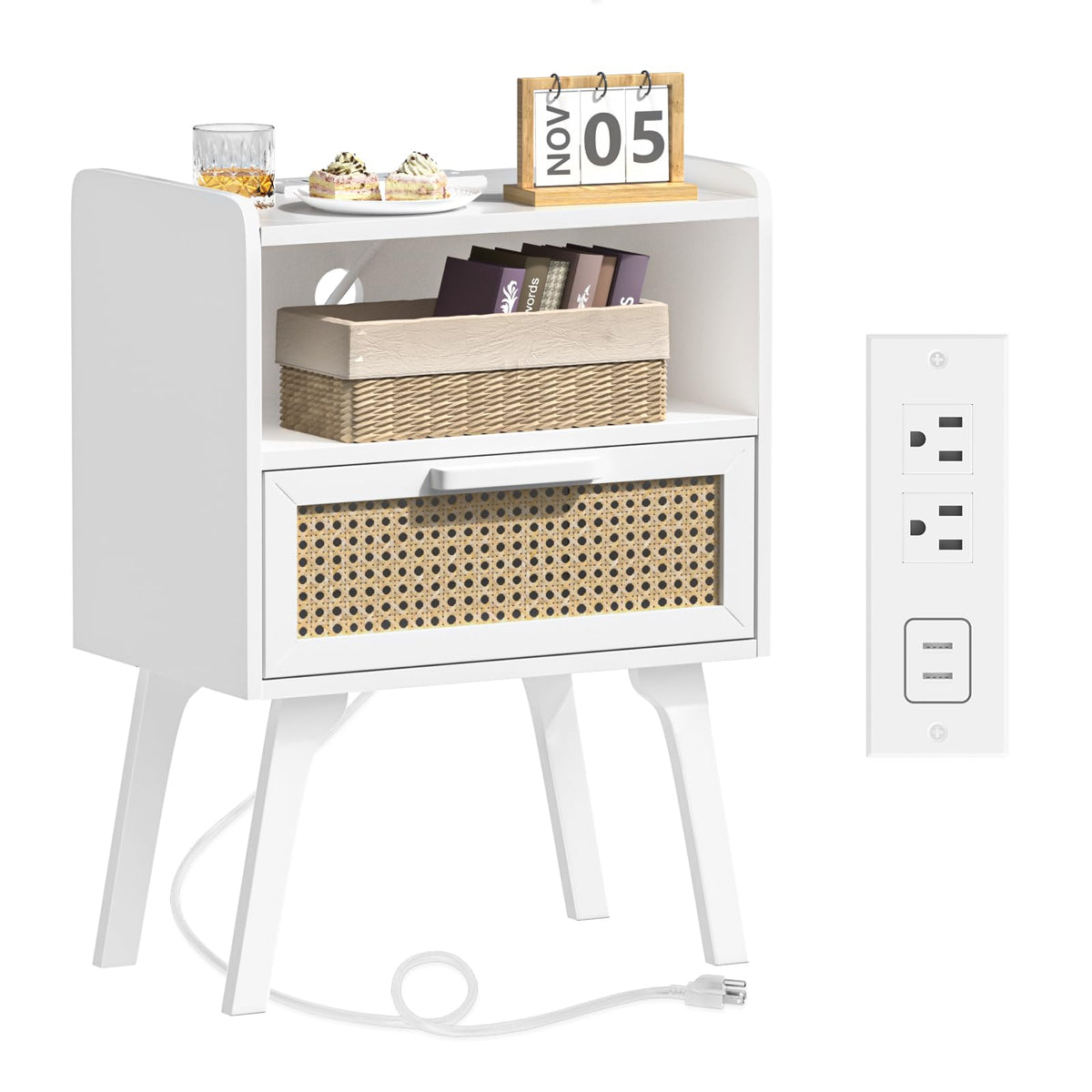 Lerliuo Rattan Nightstand with Charging Station, Boho Night Stand