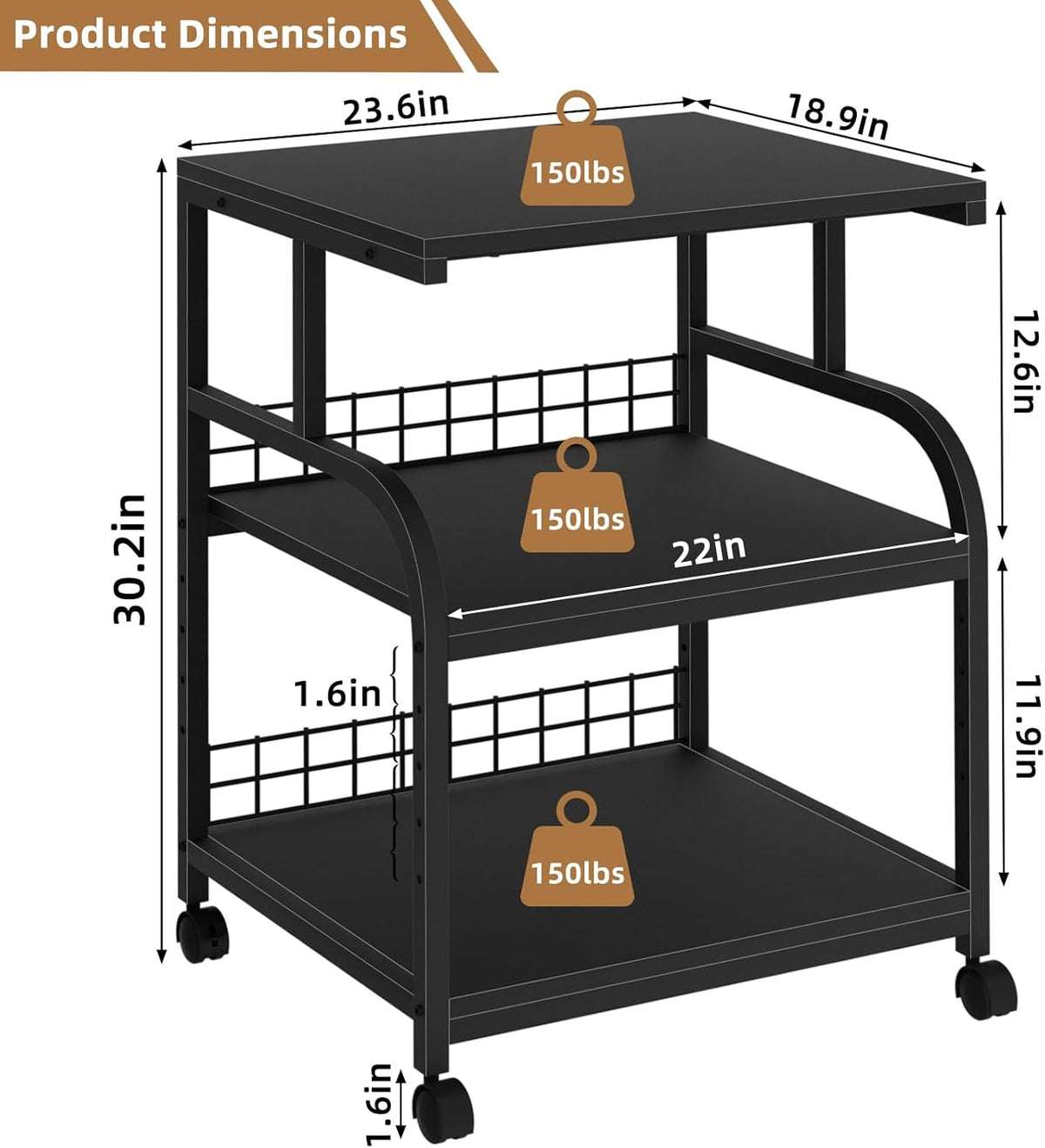 Lerliuo 3 Tier Black Large Printer Stand with Adjustable Storage Shelf