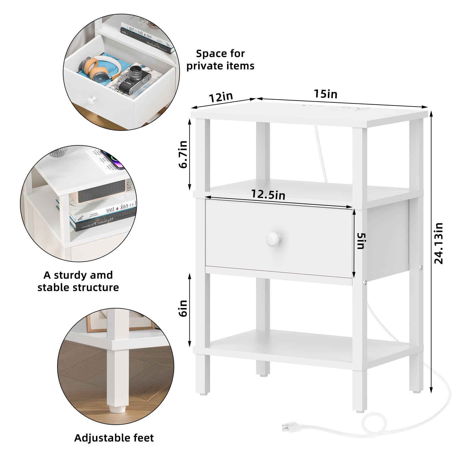 Lerliuo Nightstand with Charging Station and USB Ports, 3-Tier Storage End Table with Drawer Shelf, Night Stand for Small Spaces, Wood Bedside Table for Living Room, Bedroom - Retro Brown…