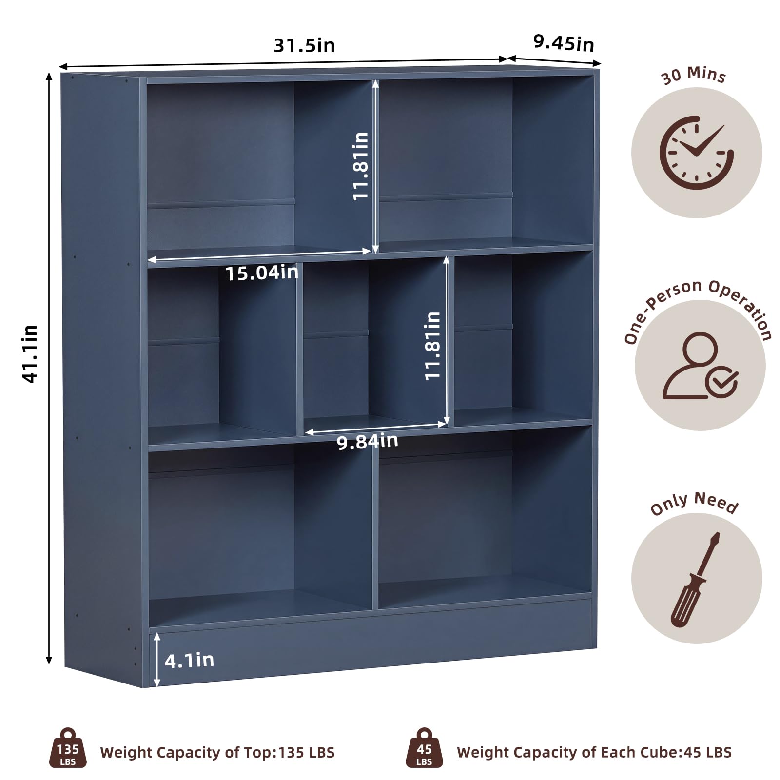 LEYAOYAO 7 Cube Bookshelf with Base,3 Tier Mid-Century Modern Blue Bookcase,Standing Wide Bookshelves Storage Organizer Shelf,Rustic Wood Display Cabinet Book Shelves for Bedroom,Living Room,Office