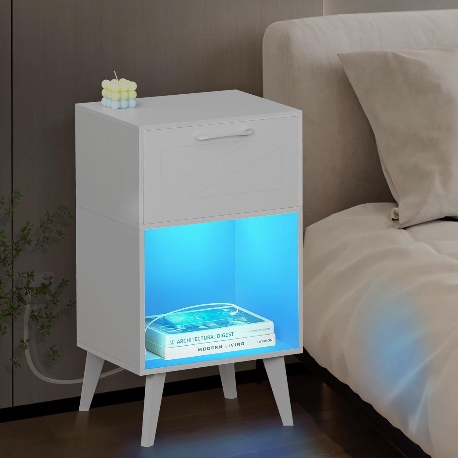 Lerliuo Nightstand with Charging Station and Led Lights,Modern Beside Table with Drawer and Open Storage Shelf,Night Stand with USB Ports and Outlets,White Wood Side Table for Bedroom
