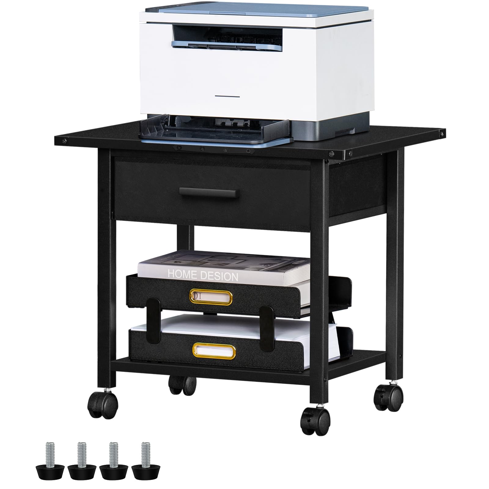 Lerliuo Under Desk Rolling Printer Stand with Drawer, 2-Tier Industrial Mobile Printer Table Desk with Storage Shelf and Steel Frame, Printer Cart Holder with Lockable Wheels for Home, Office (Brown)