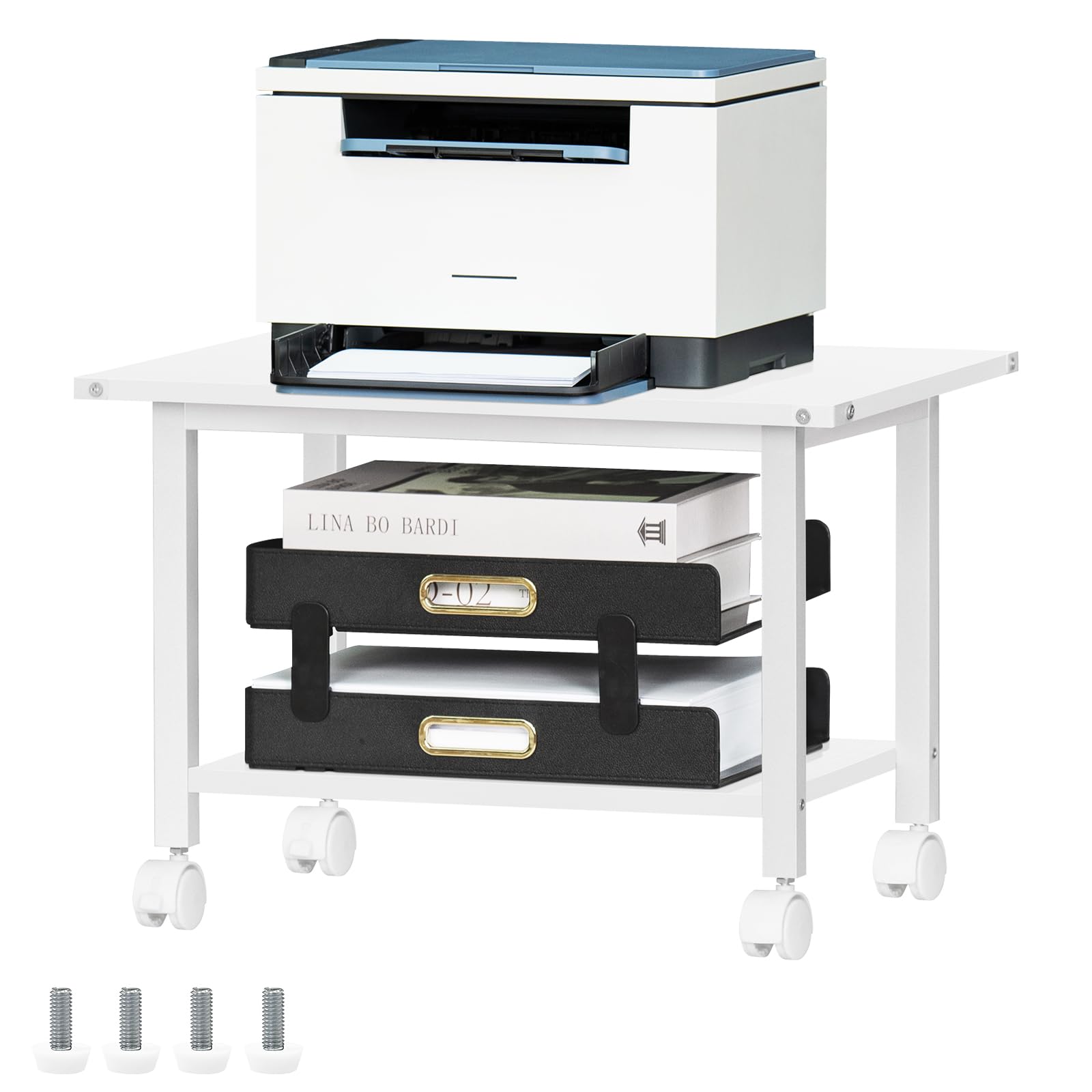 Lerliuo 3-Tier Printer Stand, Industrial Mobile Printer Table with Storage Shelf and Steel Frame, Rolling Printer Cart Holder with Lockable Wheels for Home, Office (White)