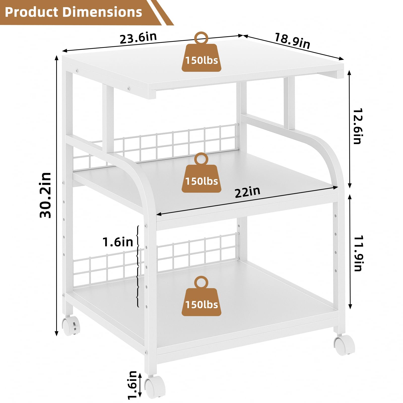 Lerliuo 3 Tier Black Large Printer Stand with Adjustable Storage Shelf